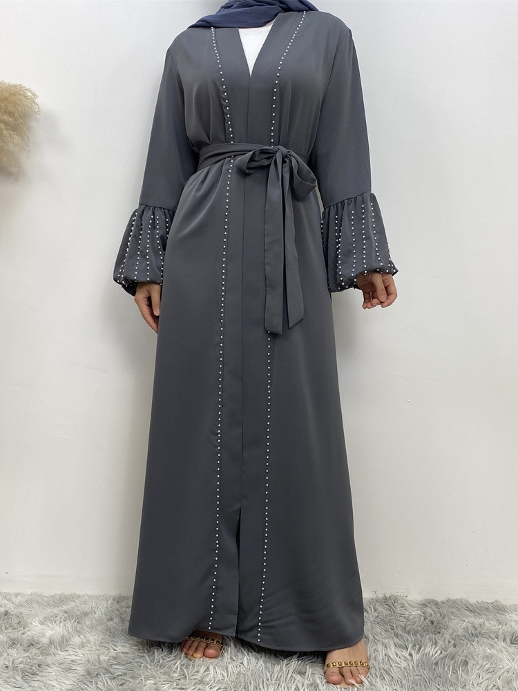 Solid Beaded Tie Cardigan Abaya