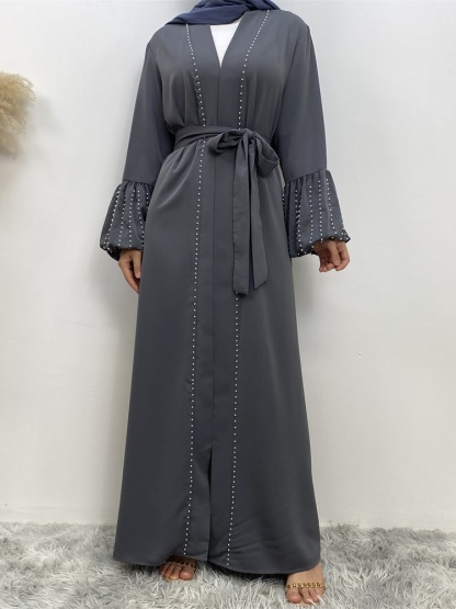 Solid Beaded Tie Cardigan Casual Abaya