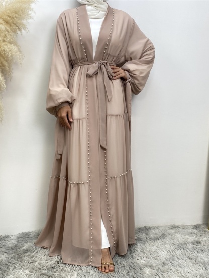 Solid Beaded Tie Chiffon Cardigan Casual Abaya