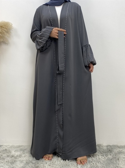 Solid Beaded Tie Cardigan Casual Abaya