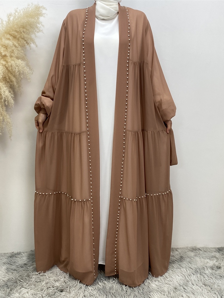 Solid Beaded Tie Chiffon Cardigan Casual Abaya