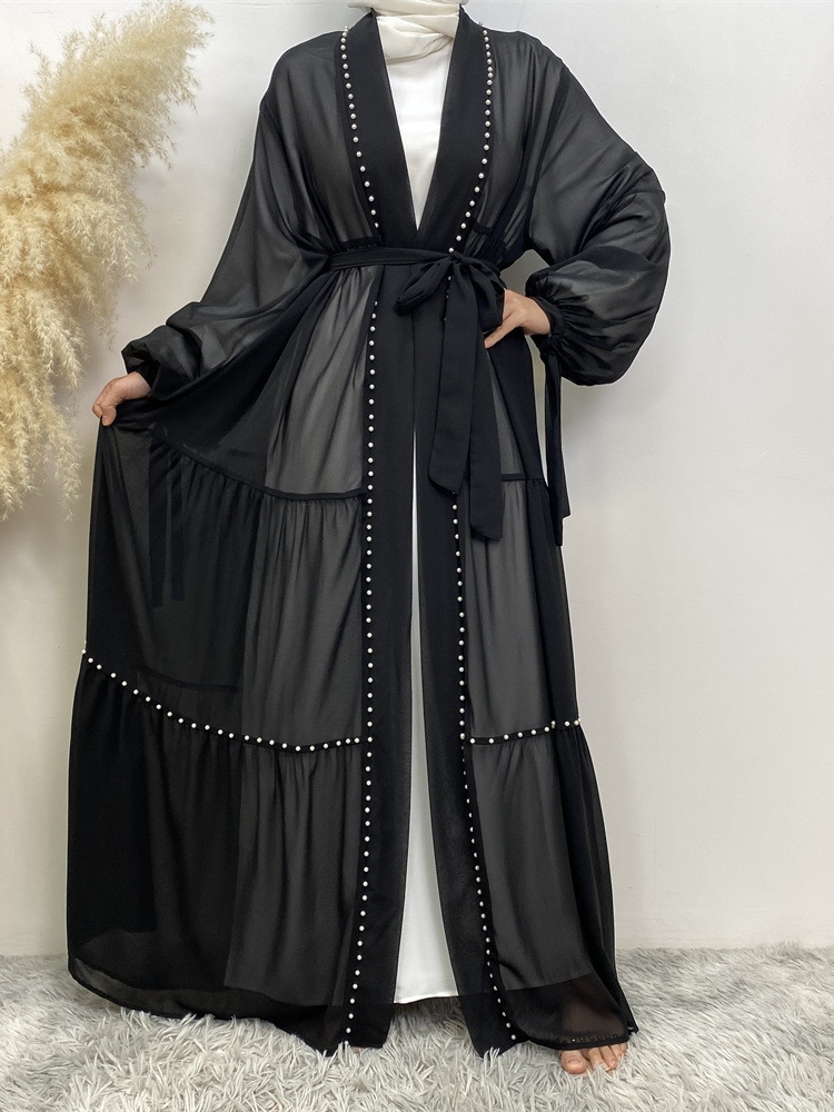 Solid Beaded Tie Chiffon Cardigan Casual Abaya