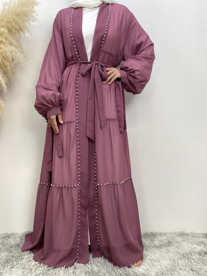 Solid Beaded Tie Chiffon Cardigan Casual Abaya