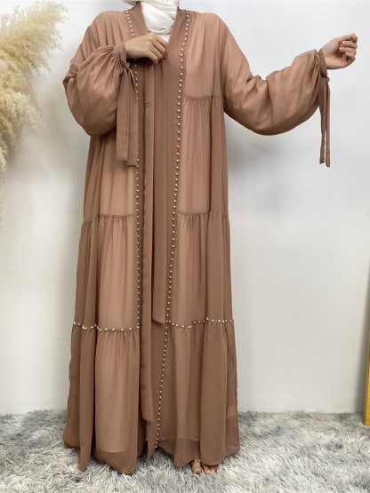 Solid Beaded Tie Chiffon Cardigan Casual Abaya