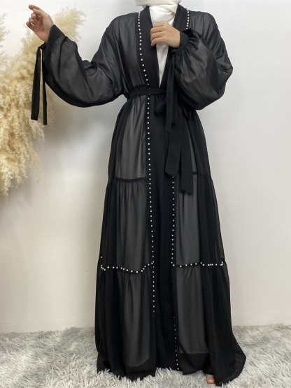 Solid Beaded Tie Chiffon Cardigan Casual Abaya