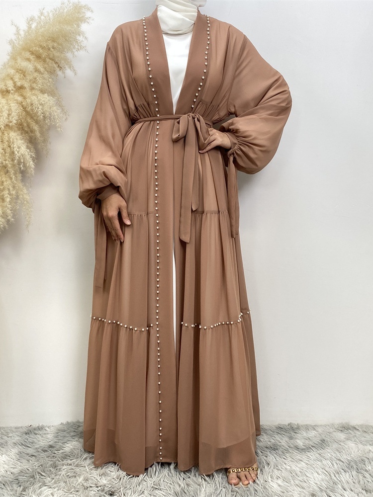 Solid Beaded Tie Chiffon Cardigan Casual Abaya