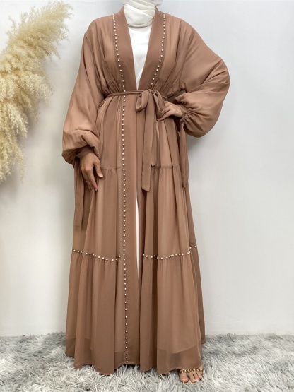 Solid Beaded Tie Chiffon Cardigan Casual Abaya
