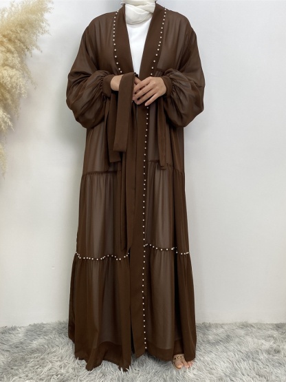 Solid Beaded Tie Chiffon Cardigan Casual Abaya