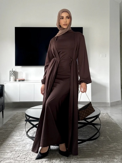 2pcs Solid Color Lace-Up Dress and Cardigan Set