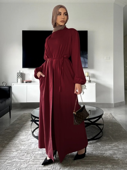 2pcs Solid Color Lace-Up Dress and Cardigan Set