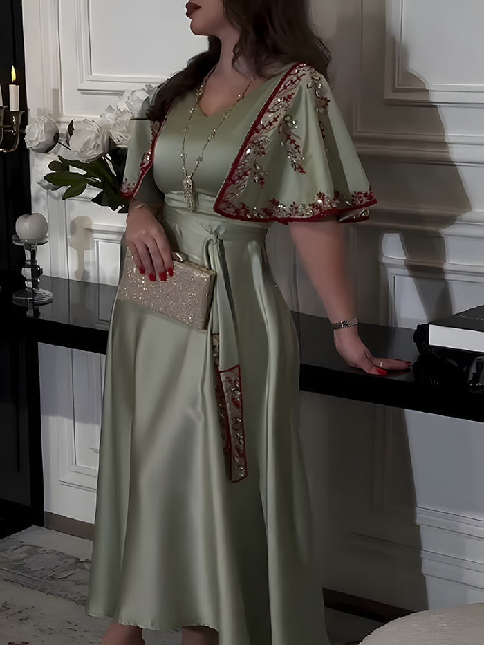 Diamond Shawl Sleeves Jalabiya Dress with Belt
