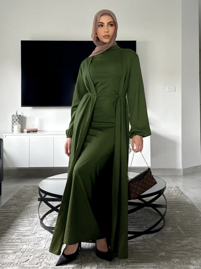 2pcs Solid Color Lace-Up Dress and Cardigan Set
