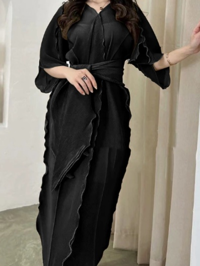 Pleated V-neck Lace-up Ruffled Casual Dresses