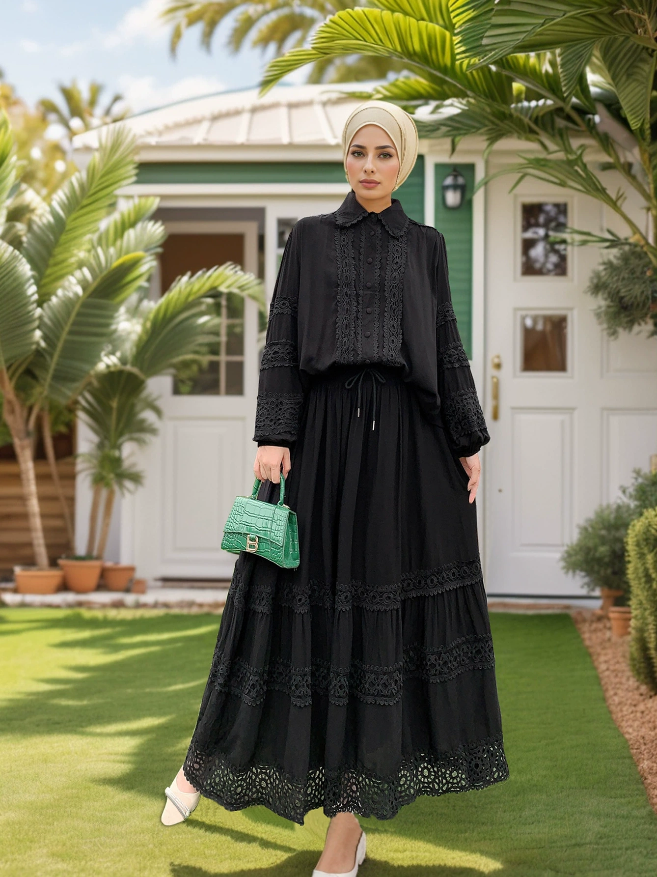 2pcs Lace Patchwork Bubble Sleeve Top and Hemmed Skirt Set
