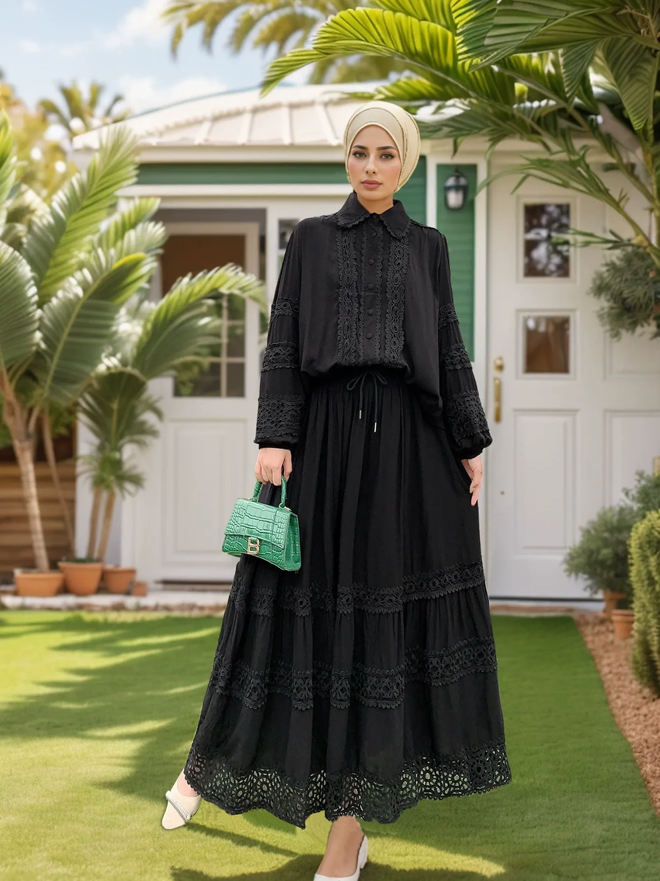 2pcs Lace Patchwork Bubble Sleeve Top and Hemmed Skirt Set