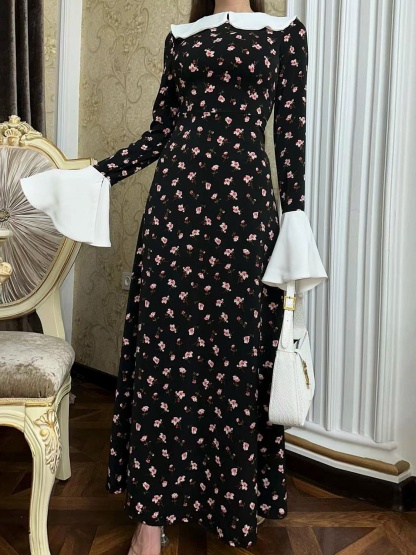 Flared Cuff Floral Print Lace-Up Dress