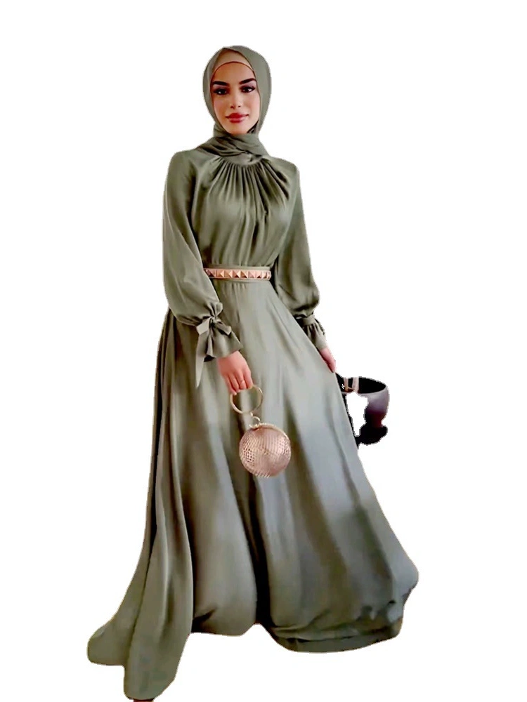 Middle East Saudi Muslim Hui Acetate Satin Tie Dress