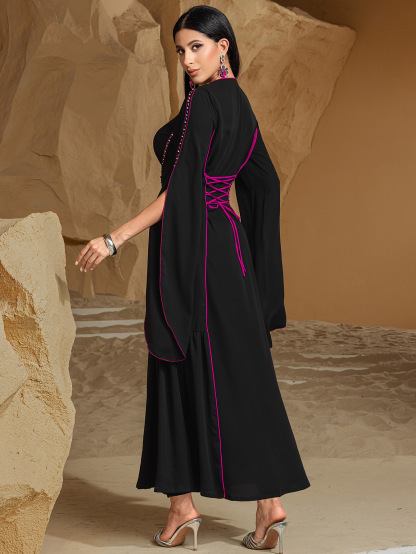 Sewn Rhinestone Clash Color Lacing Abaya