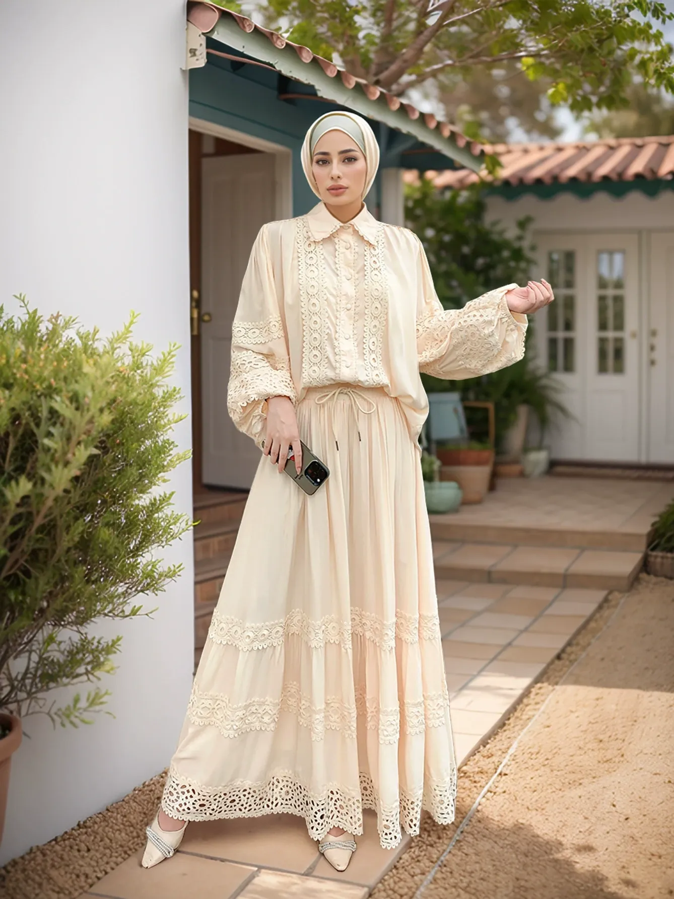 2pcs Lace Patchwork Bubble Sleeve Top and Hemmed Skirt Set