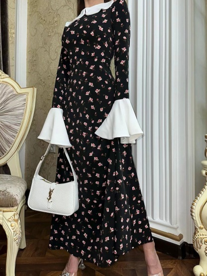 Flared Cuff Floral Print Lace-Up Dress