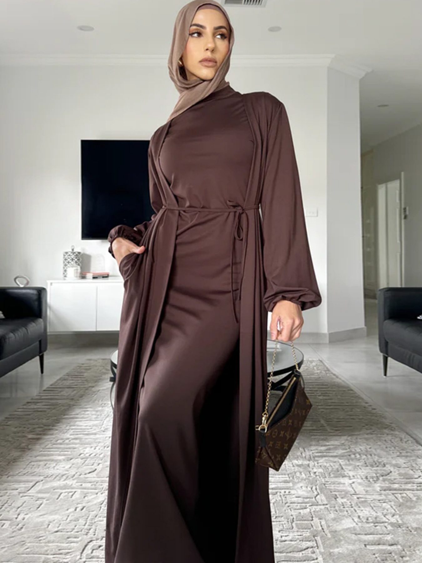 2pcs Solid Color Lace-Up Dress and Cardigan Set