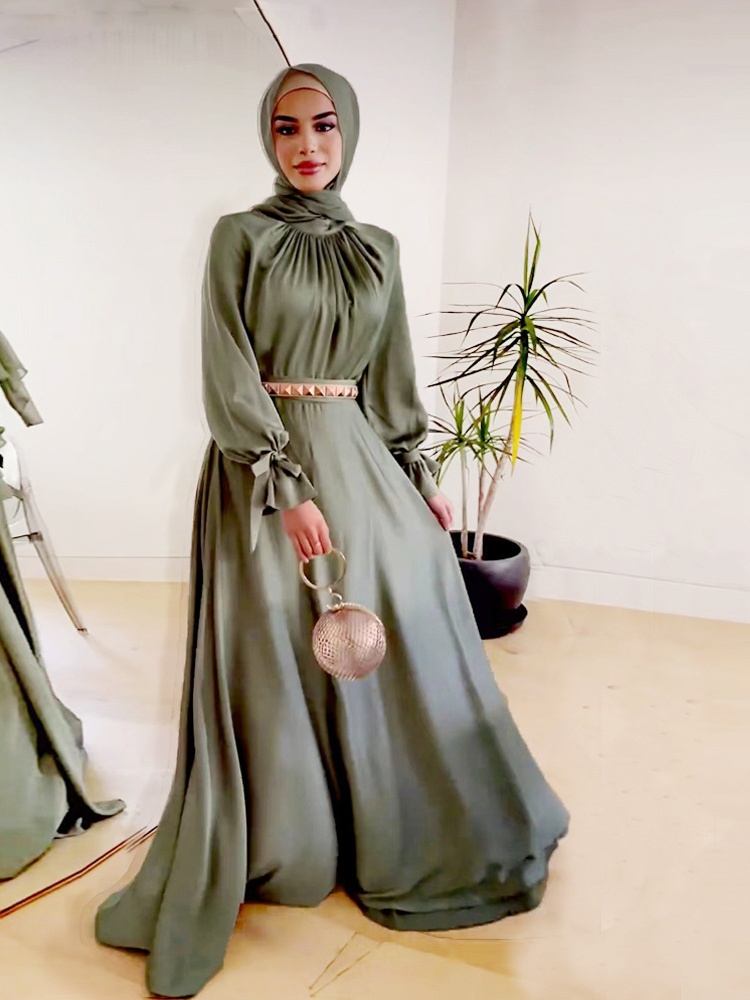 Middle East Saudi Muslim Hui Acetate Satin Tie Dress