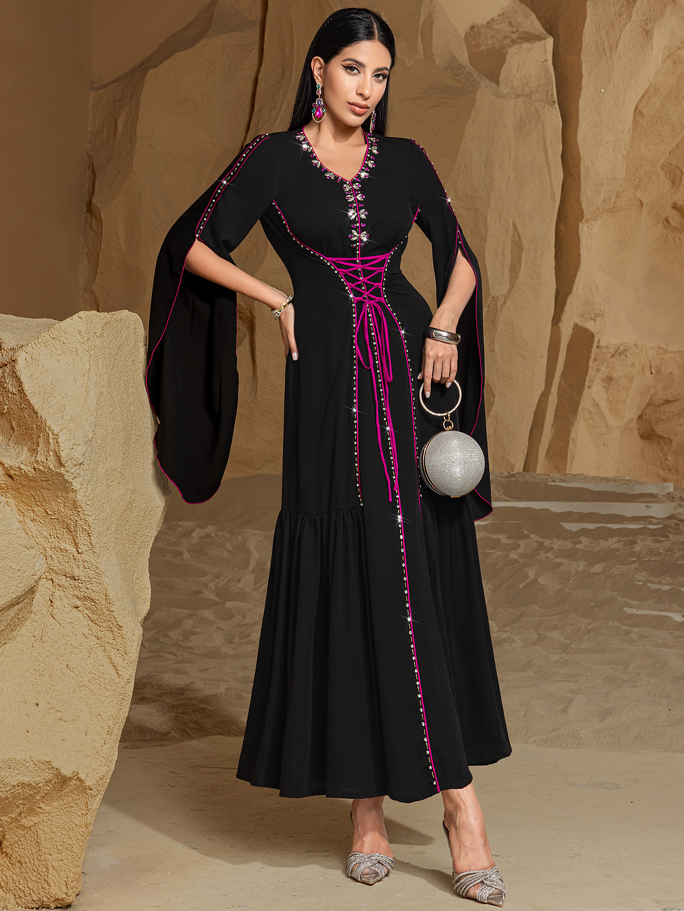 Sewn Rhinestone Clash Color Lacing Abaya