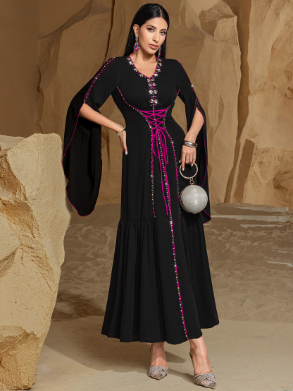 Sewn Rhinestone Clash Color Lacing Abaya