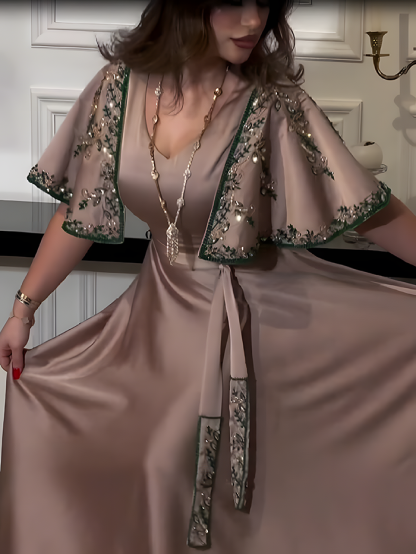Diamond Shawl Sleeves Jalabiya Dress with Belt