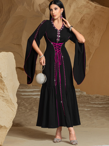 Sewn Rhinestone Clash Color Lacing Abaya