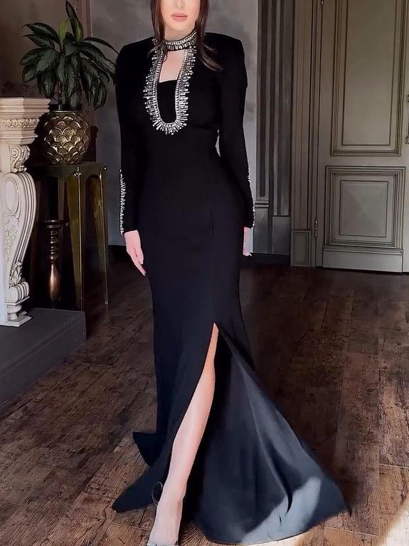 Embellished Rhinestones Fishtail Evening Maxi Dress
