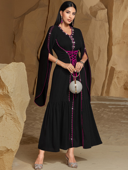 Sewn Rhinestone Clash Color Lacing Abaya