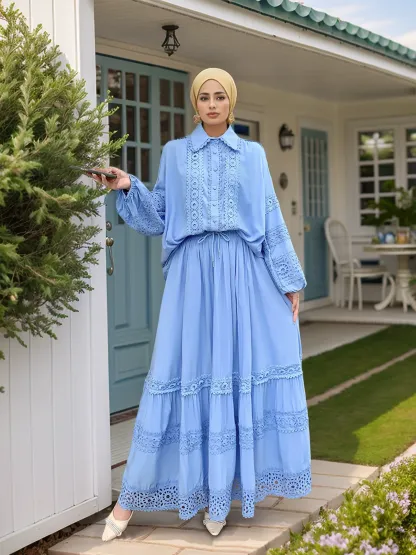 2pcs Lace Patchwork Bubble Sleeve Top and Hemmed Skirt Set