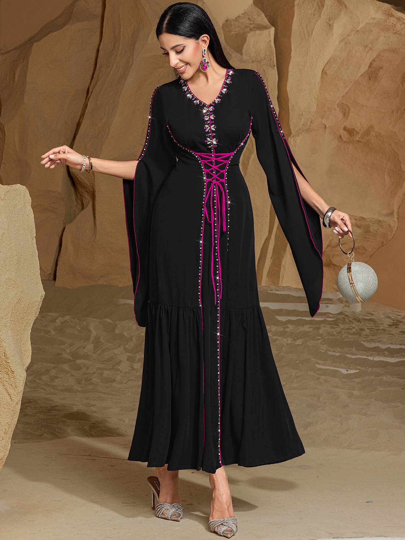 Sewn Rhinestone Clash Color Lacing Abaya
