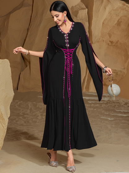Sewn Rhinestone Clash Color Lacing Abaya