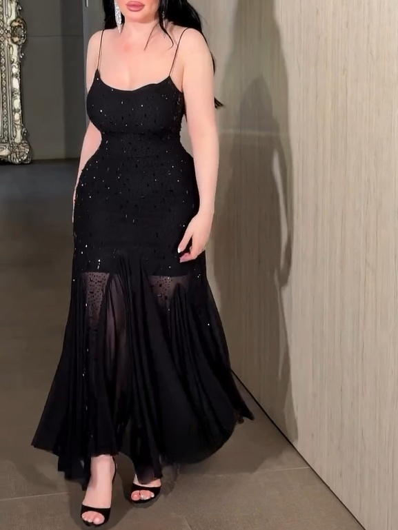 Hand-Made Rhinestone Backless Waist Fishtail Dress