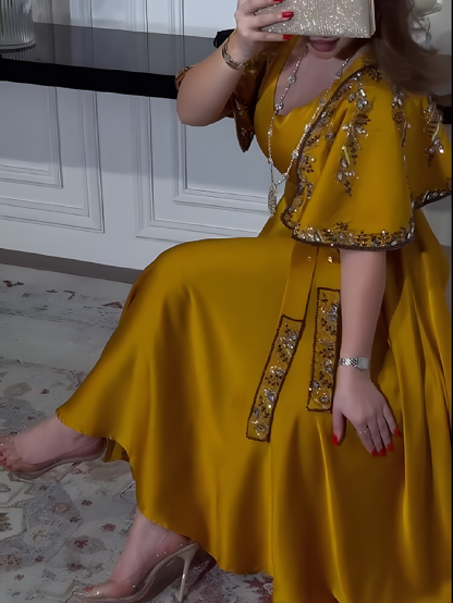 Diamond Shawl Sleeves Jalabiya Dress with Belt