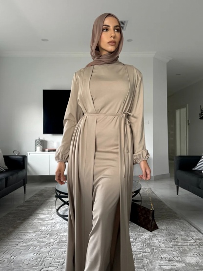 2pcs Solid Color Lace-Up Dress and Cardigan Set