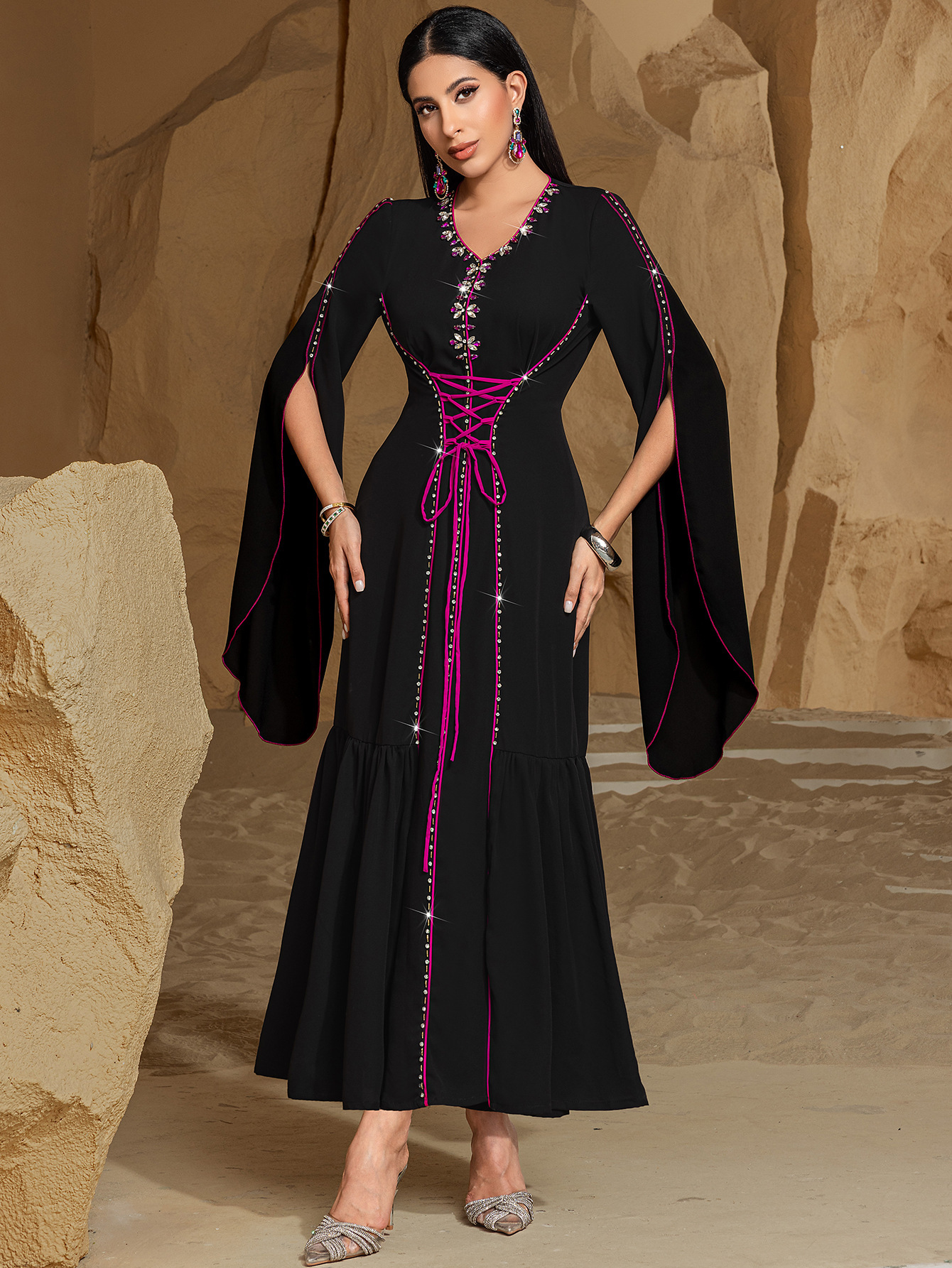 Sewn Rhinestone Clash Color Lacing Abaya