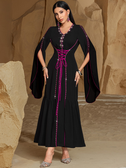 Sewn Rhinestone Clash Color Lacing Abaya