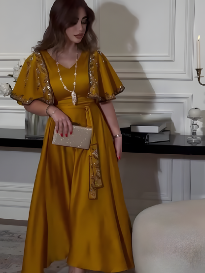 Diamond Shawl Sleeves Jalabiya Dress with Belt