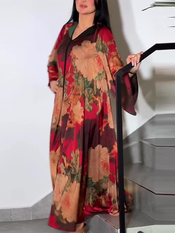 Printed Loose Oversized Long-sleeved Maxi Dress