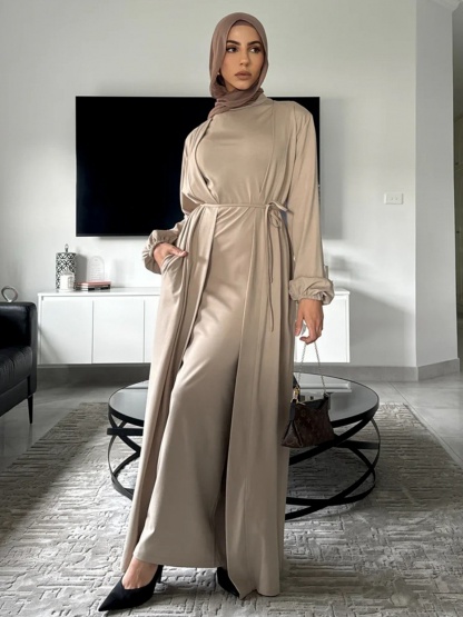 2pcs Solid Color Lace-Up Dress and Cardigan Set