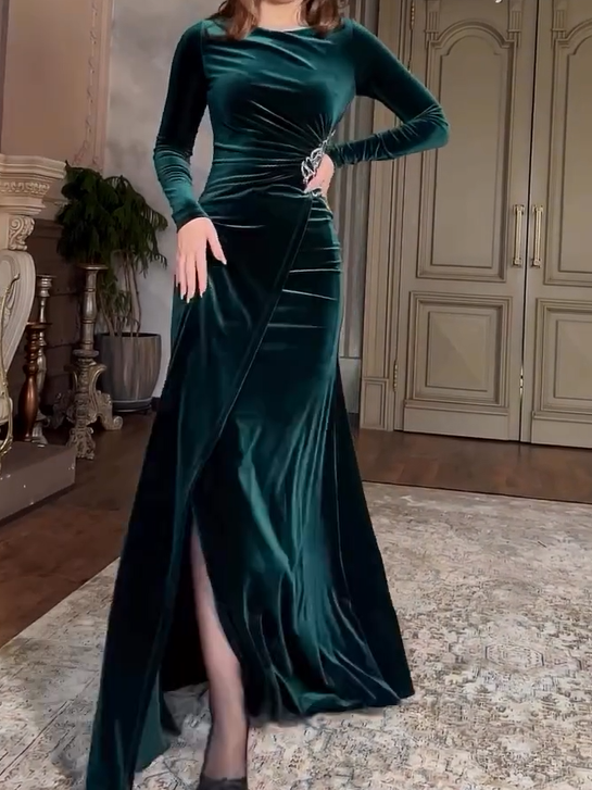 Retro Style Gold Velvet Evening Dress