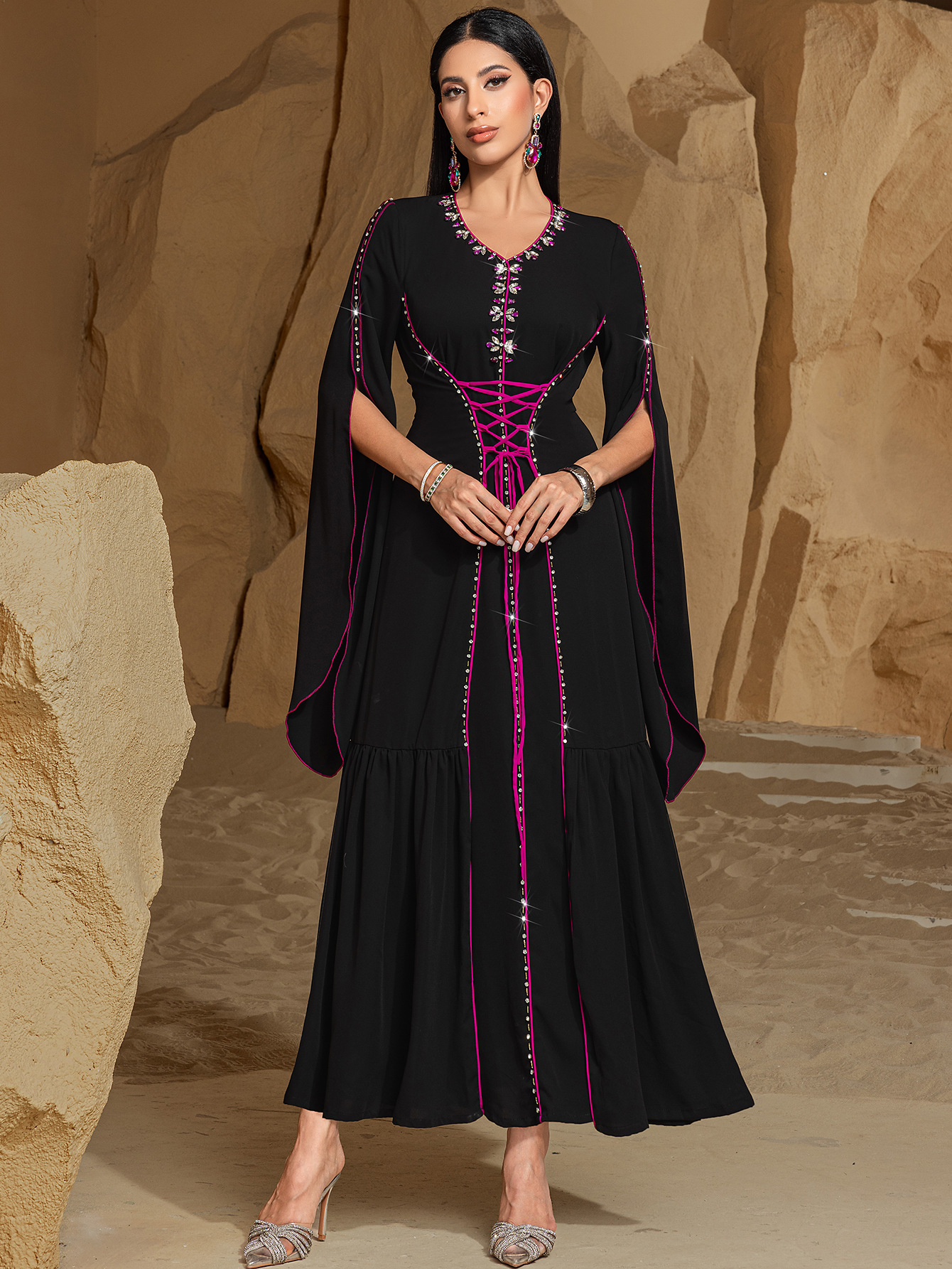 Sewn Rhinestone Clash Color Lacing Abaya