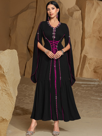Sewn Rhinestone Clash Color Lacing Abaya
