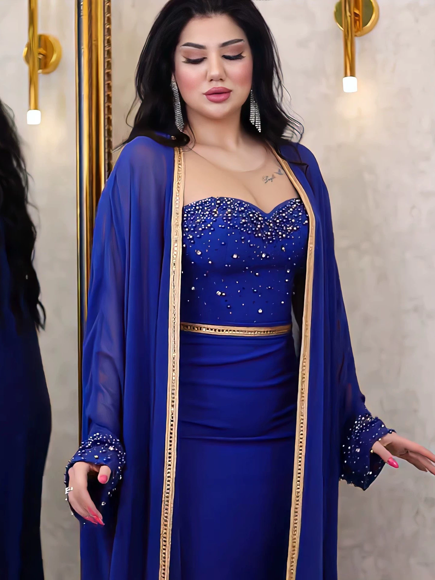 2pcs Mesh Studded Gown and Dress Set