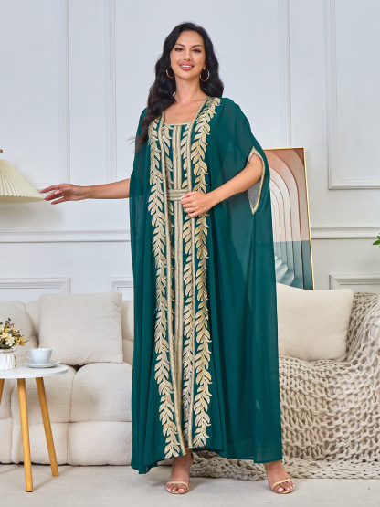 Gold Leaf Embroidery and Sheer Cape Abaya