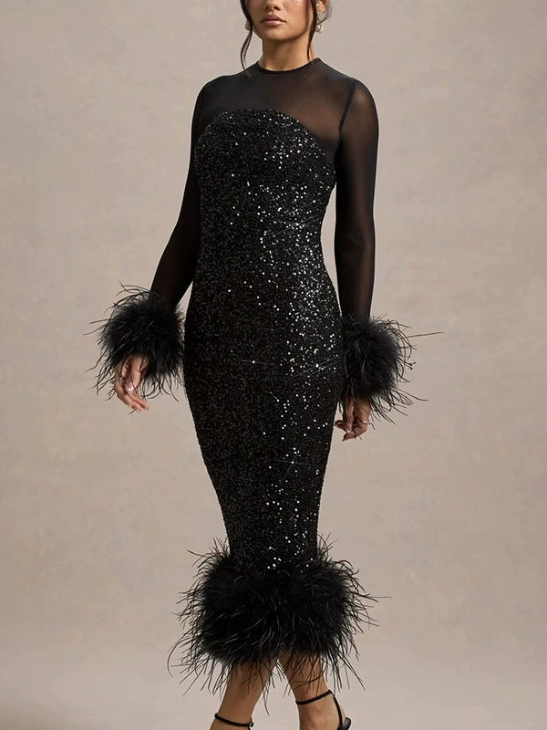 Sequin Feather Mesh Sleeve Black Dress