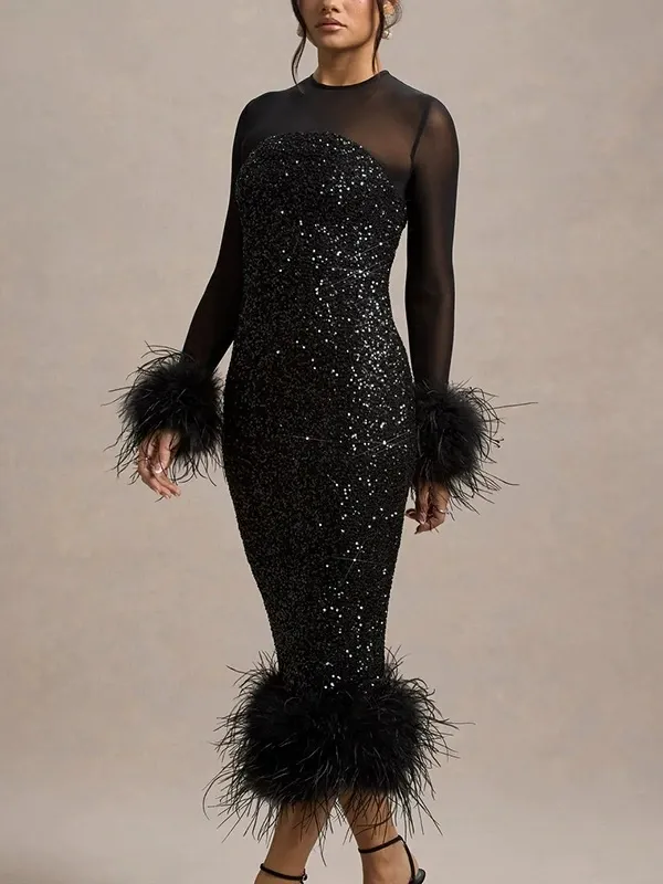 Sequin Feather Mesh Sleeve Black Dress